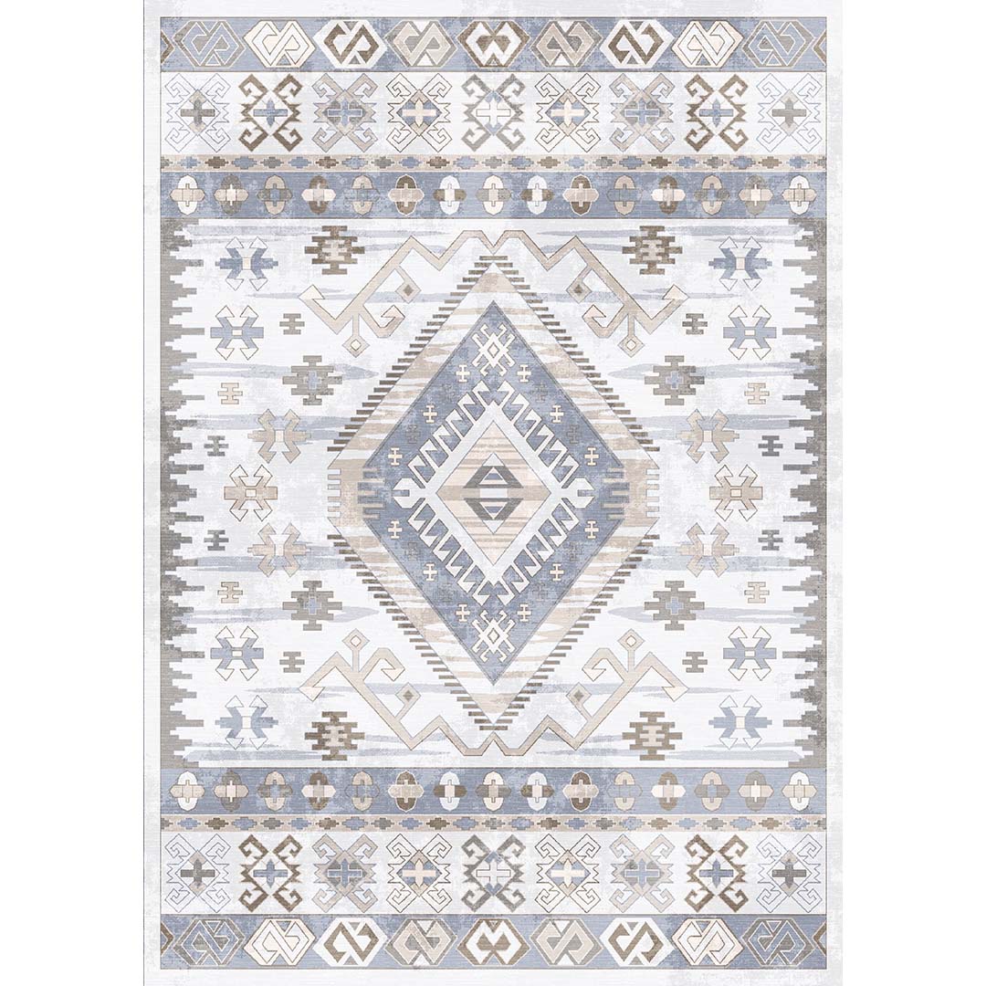 Kilim Teppich Beige Blau – Ethno Muster im Boho-Stil für Wohnzimmer