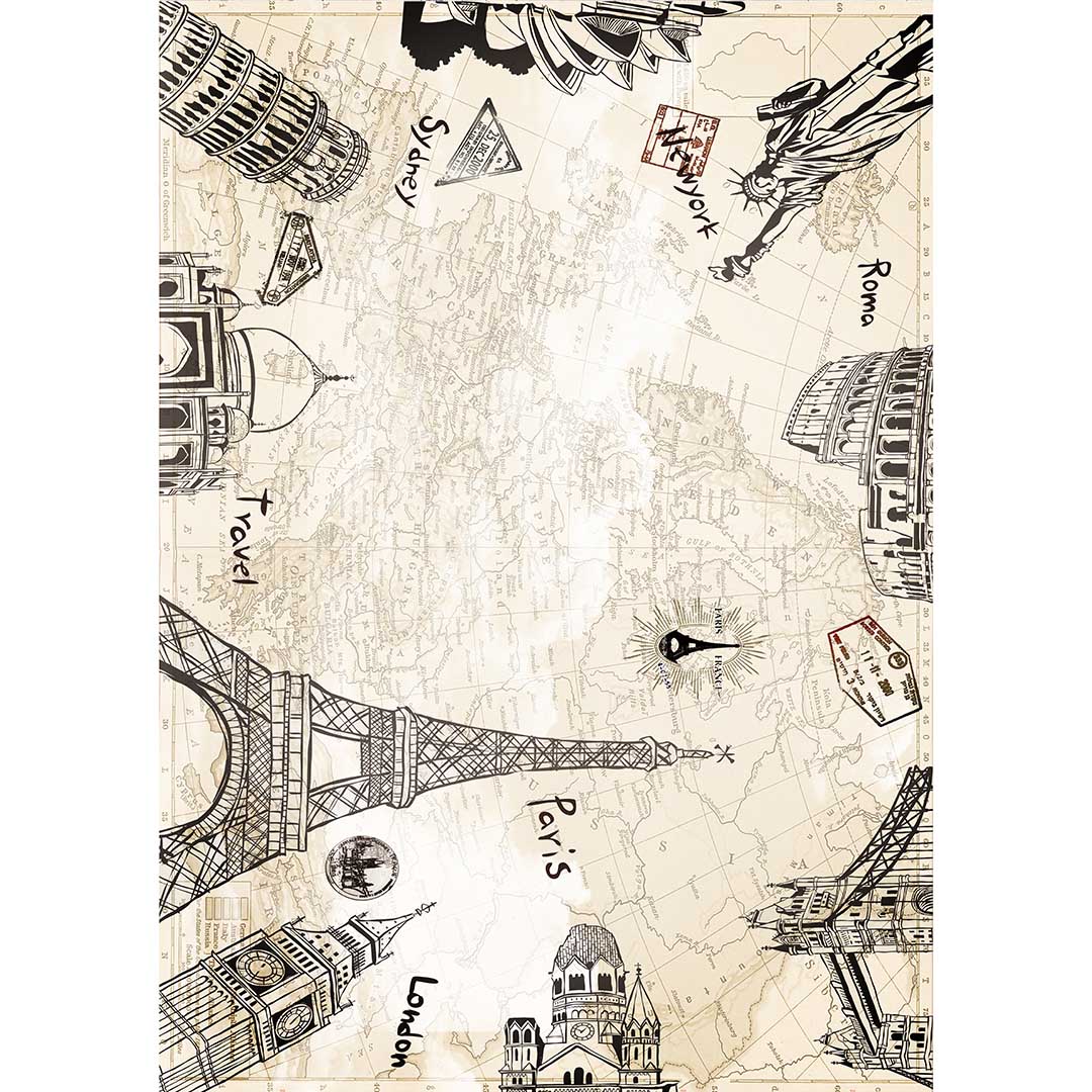 Kinderteppich Weltkarte Reise – Teppich mit berühmten Sehenswürdigkeiten in Beige