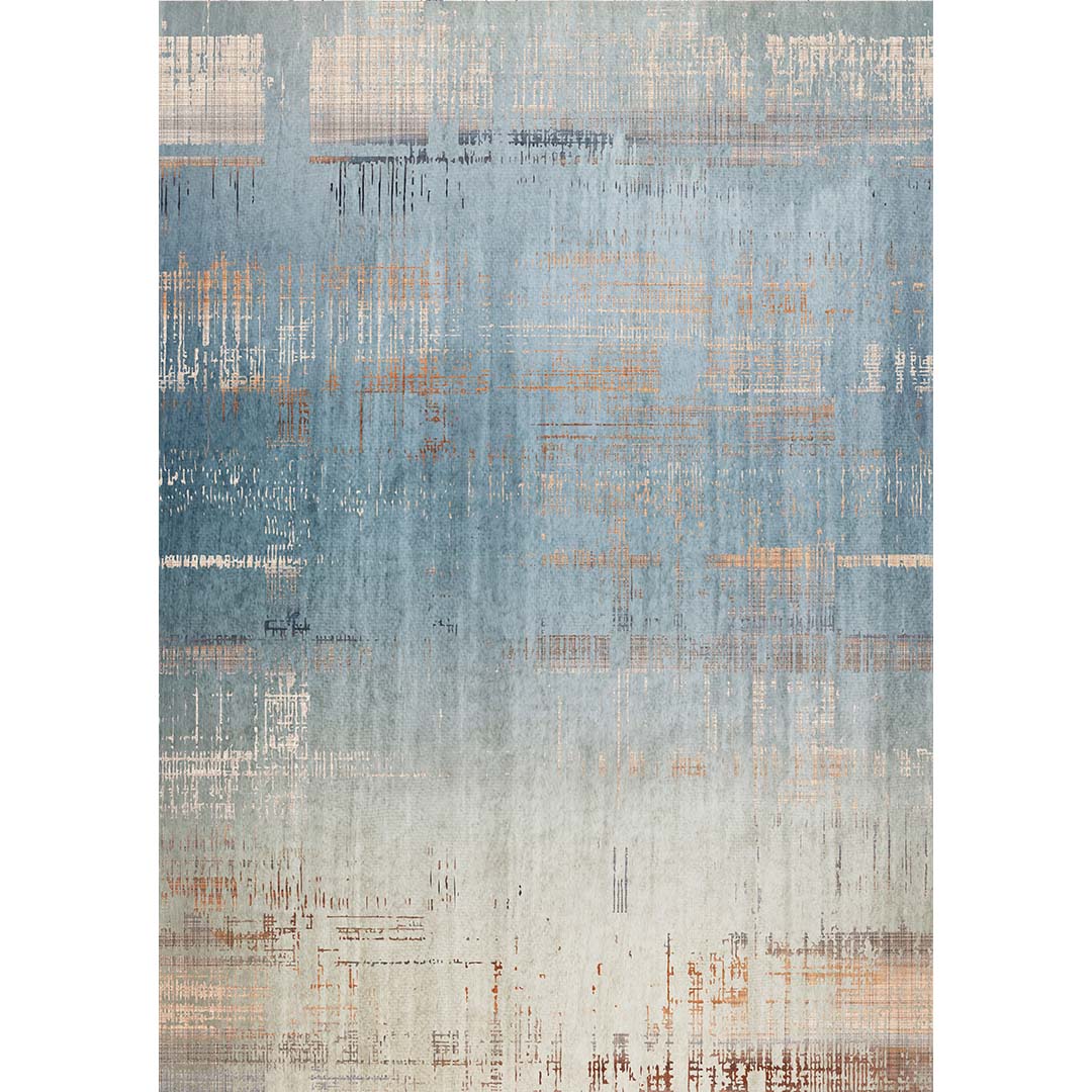 Designerteppich Blau Beige – Moderner Teppich mit Linienmuster im Used-Look