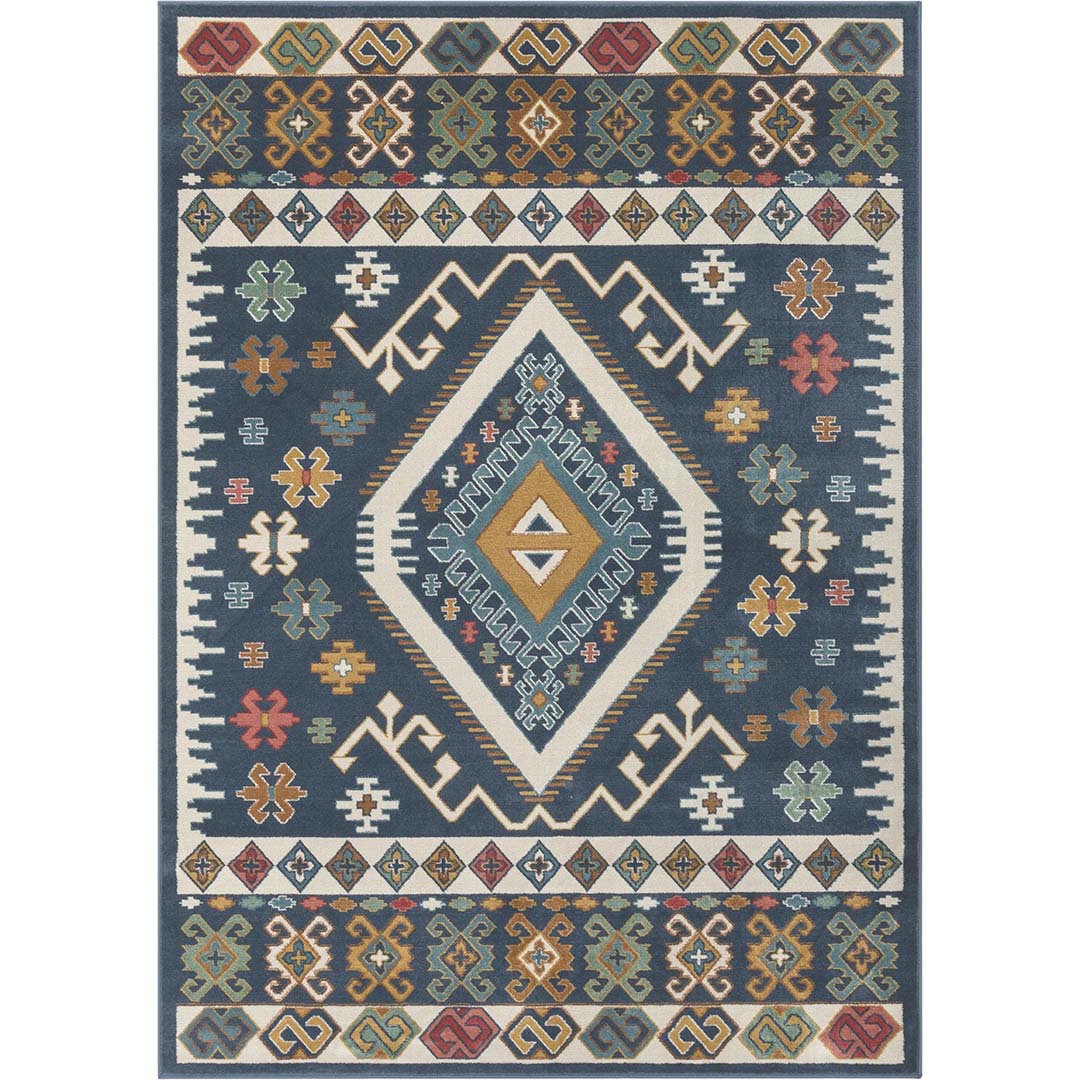 Kilim Teppich Blau Bunt – Ethno Muster im Boho-Stil für Wohnzimmer & Flur