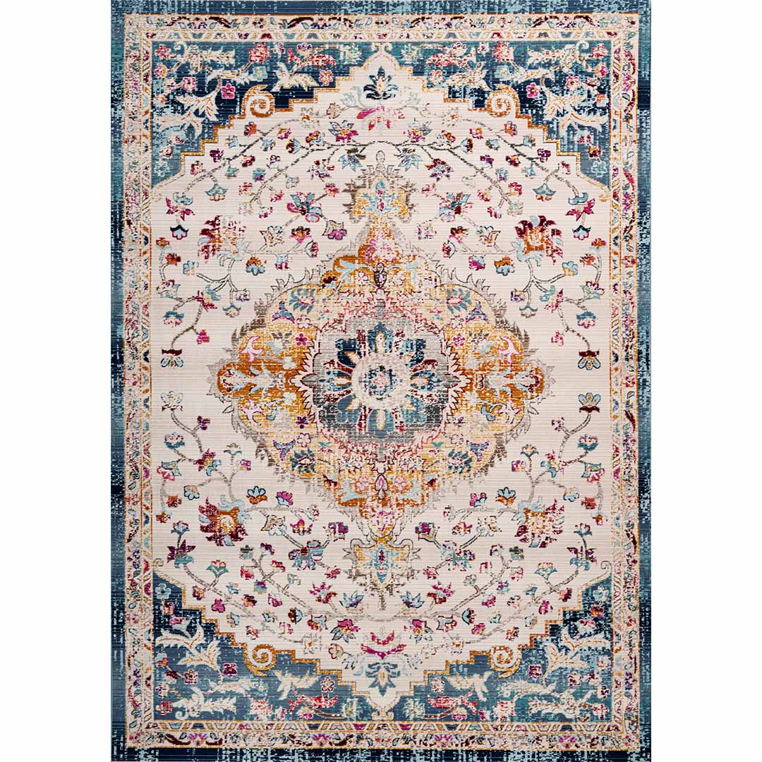 Orientteppich Bunt Vintage – Medaillon Teppich mit floralen Mustern in Blau Gelb Pink
