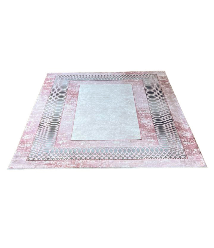 Moderner Teppich mit Rahmenmuster Rosa Grau – Eleganter Teppich für Wohnzimmer & Schlafzimmer