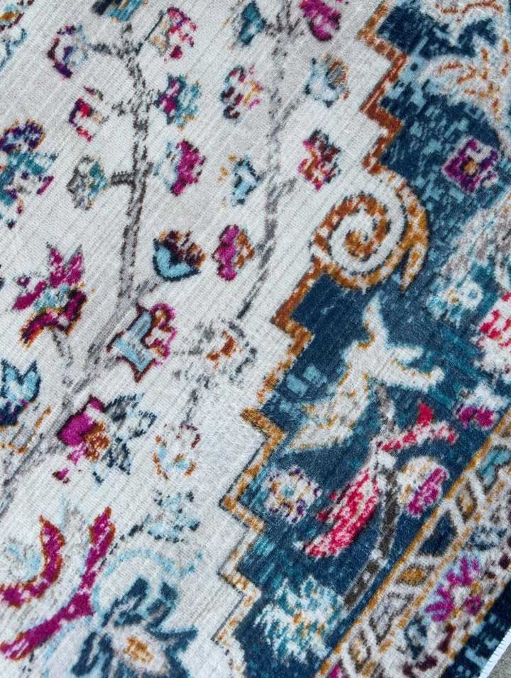 Orientteppich Bunt Vintage – Medaillon Teppich mit floralen Mustern in Blau Gelb Pink