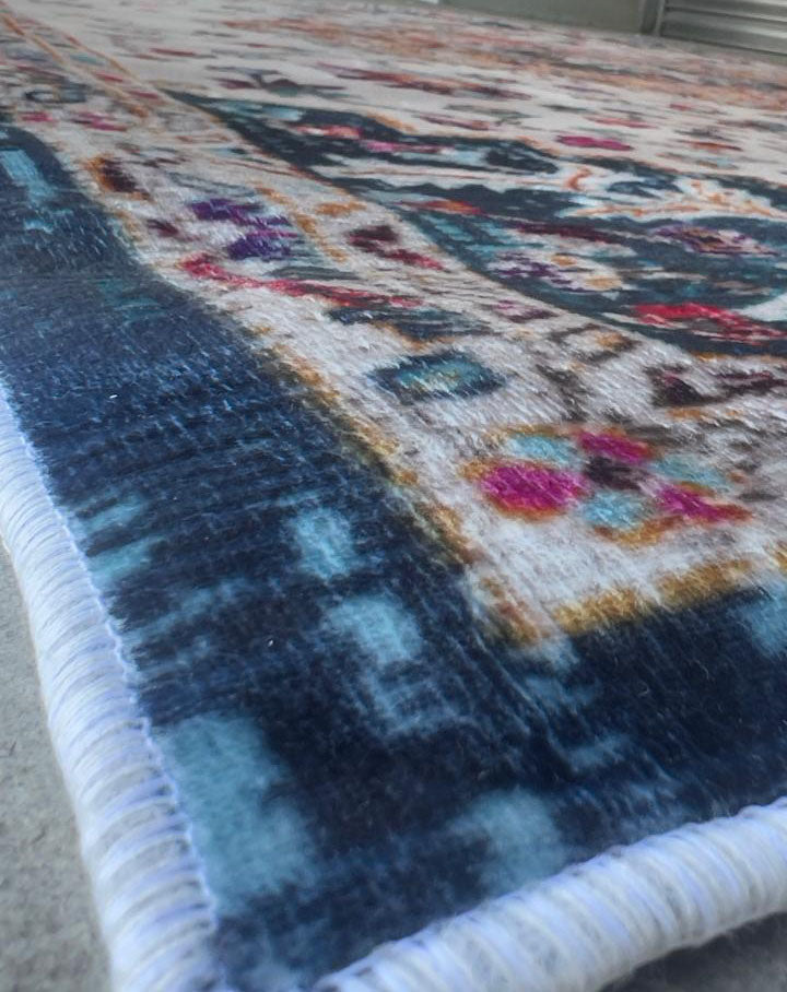 Orientteppich Bunt Vintage – Medaillon Teppich mit floralen Mustern in Blau Gelb Pink