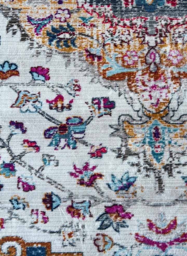 Orientteppich Bunt Vintage – Medaillon Teppich mit floralen Mustern in Blau Gelb Pink