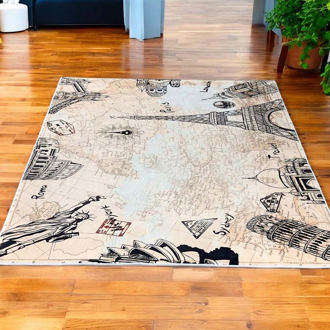 Kinderteppich Weltkarte Reise – Teppich mit berühmten Sehenswürdigkeiten in Beige