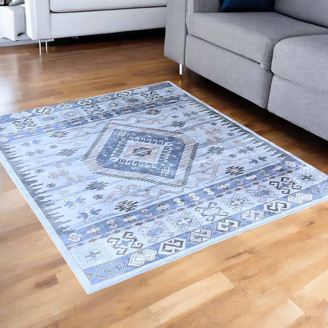Kilim Teppich Beige Blau – Ethno Muster im Boho-Stil für Wohnzimmer