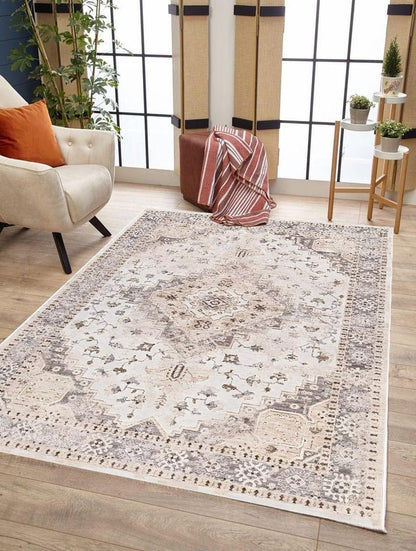 Weicher und glänzender Teppich Logy Vintage in Beige und Braun 