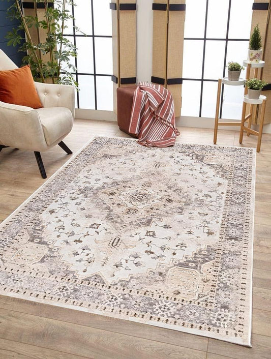 Weicher und glänzender Teppich Logy Vintage in Beige und Braun 