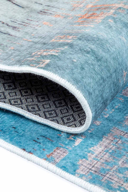Designerteppich Blau Beige – Moderner Teppich mit Linienmuster im Used-Look