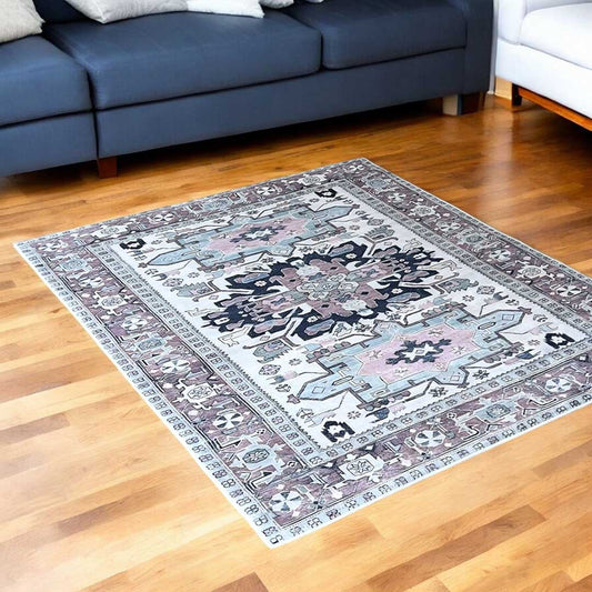 Vintage Teppich Orientalisches Muster Rosa Blau – Klassischer Teppich im Boho-Stil