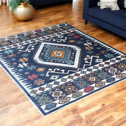 Kilim Teppich Blau Bunt – Ethno Muster im Boho-Stil für Wohnzimmer & Flur

