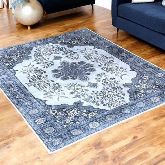 Orientteppich Grau Blau – Klassischer Perserteppich mit floralem Muster