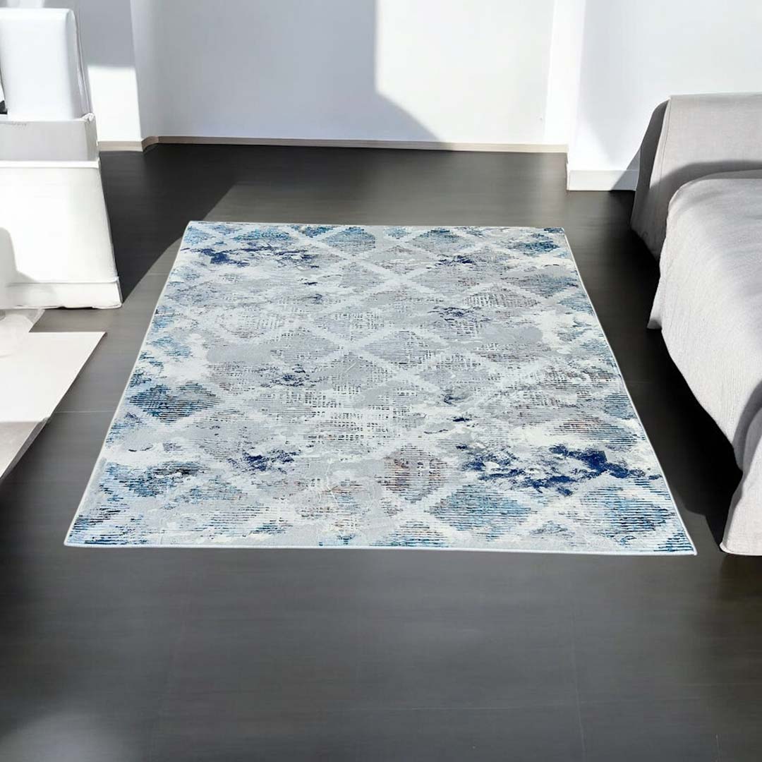 Moderner Wohnzimmer Teppich Grau Blau – Geometrisches Design im Used-Look