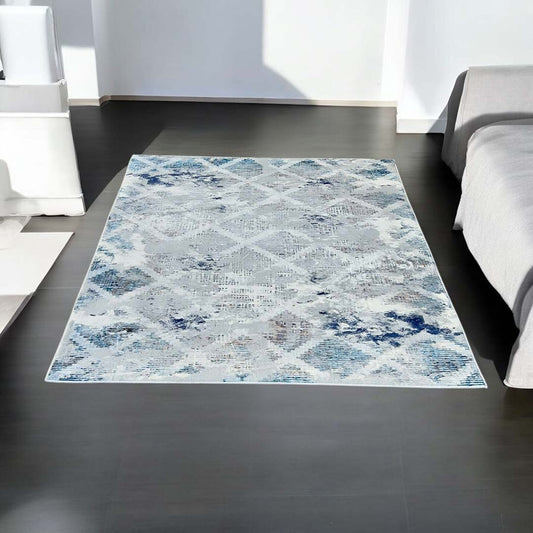 Moderner Wohnzimmer Teppich Grau Blau – Geometrisches Design im Used-Look